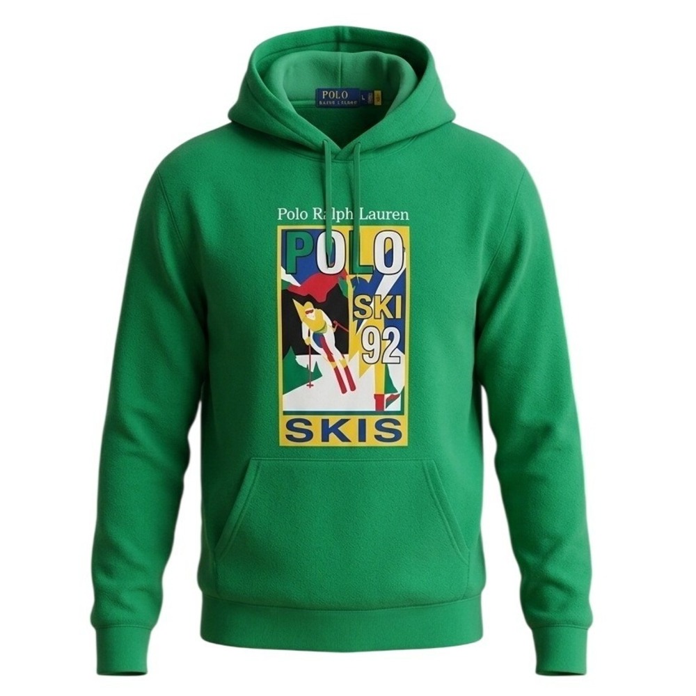 Polo Ralph Lauren Vintage Ski 92 Graphic Hoodie Green Mens L Fleece Pullover
